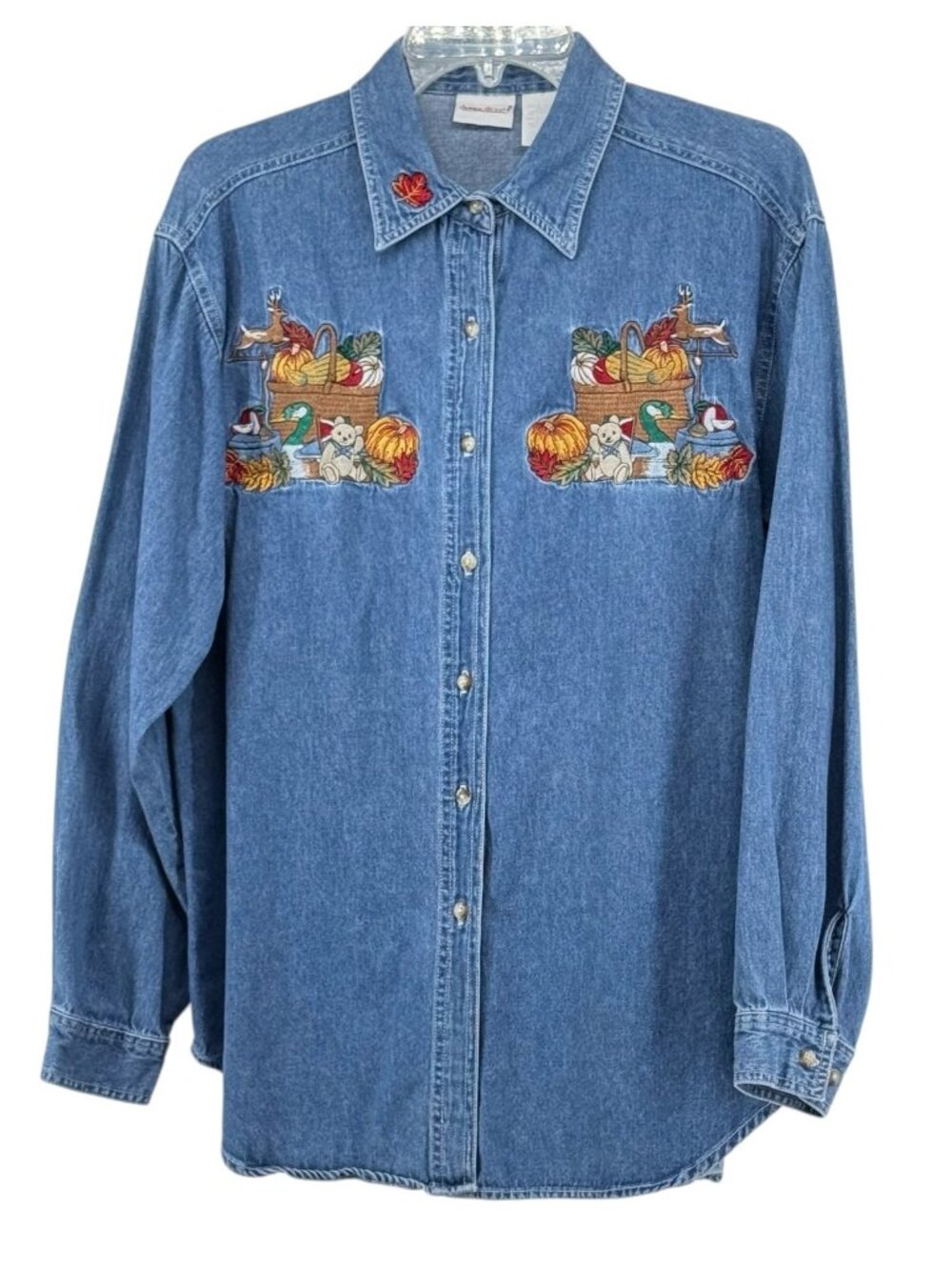 Bobbie Brooks Denim Shirt Women LG Bear Fall Holiday Long Sleeve Embroidery Vtg